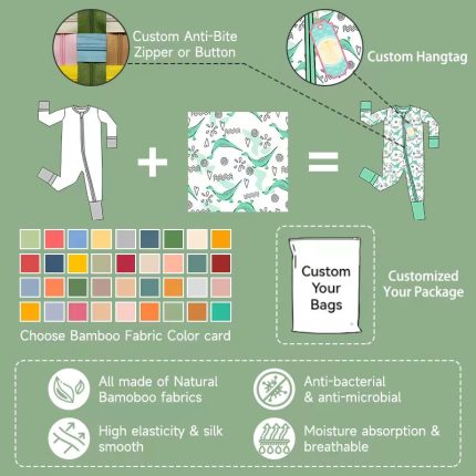 Custom boutique bamboo baby romper by Weiwei. High-quality zipper pajamas for newborns. Wholesale digital printing. Eco-friendly and soft.