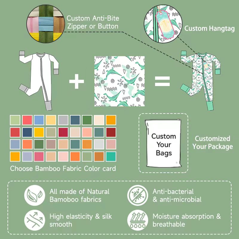 Custom boutique bamboo baby romper by Weiwei. High-quality zipper pajamas for newborns. Wholesale digital printing. Eco-friendly and soft.