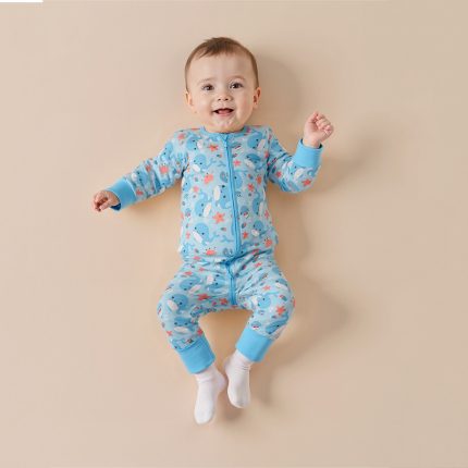 Customized bamboo baby romper with a zipper, featuring Weiwei's design. Ideal for newborns, this romper offers wholesale custom options.