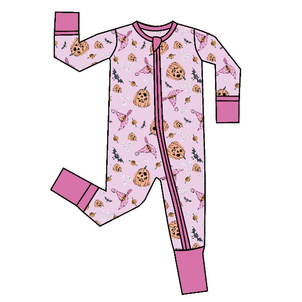 Custom newborn bamboo pajamas with floral print by Weiwei. Wholesale options available. Features ruffles & fold-over covers for baby girls.