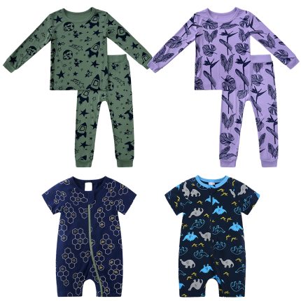 Wholesale bamboo newborn pajamas by Weiwei: 95% bamboo, 5% spandex, custom printed logo, unisex zipper romper sleeper. Perfect for toddlers.