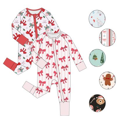 Custom Bamboo Fiber Clothing Bamboo Zippy Pajamas Christmas Pattern Long Sleeves Baby Girl Costume Romper
