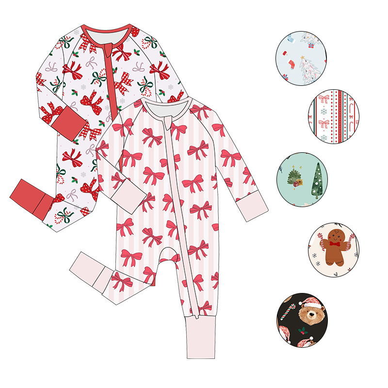 Custom Bamboo Fiber Clothing Bamboo Zippy Pajamas Christmas Pattern Long Sleeves Baby Girl Costume Romper