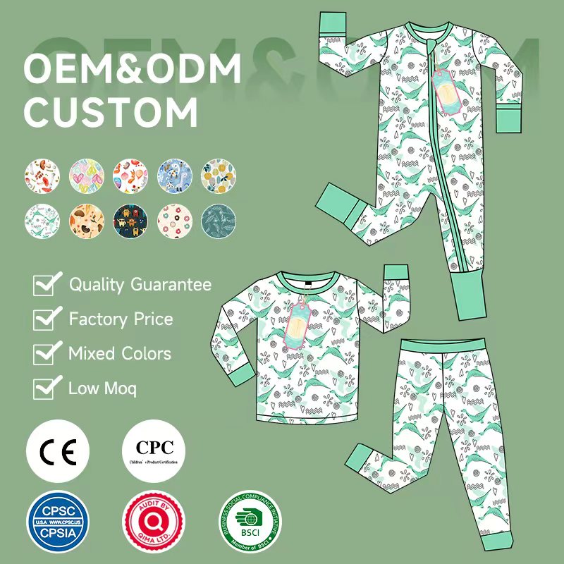 Customizable bamboo baby pyjamas with winter wildlife print, featuring dog and bear. Soft, eco-friendly. Ideal for newborns. Wholesale by WeiWei.