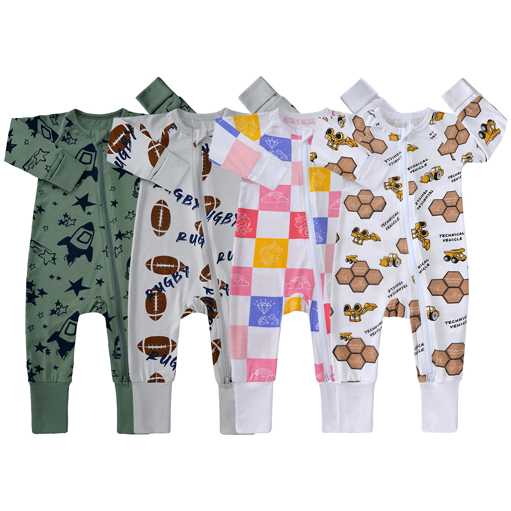 Custom RTS WeiWei Bamboo Baby Pajamas with checkered YKK zippers. Unisex jumpsuit onesies perfect for newborns. Bamboo baby romper available for wholesale.