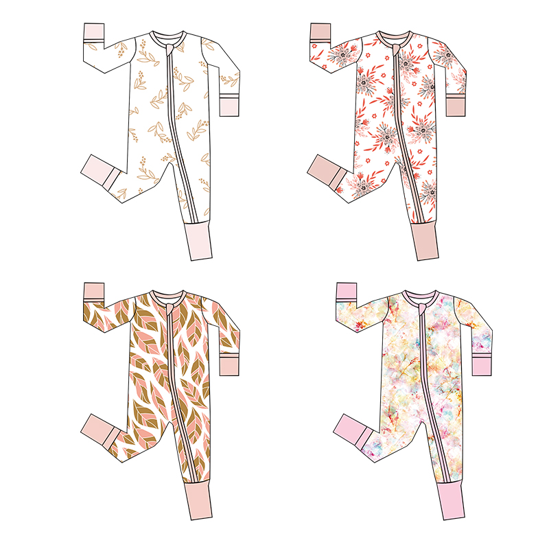 Custom wholesale bamboo pajamas for newborns, featuring floral print and ruffle details. Soft, sustainable, WeiWei-designed romper with fold-over cover.